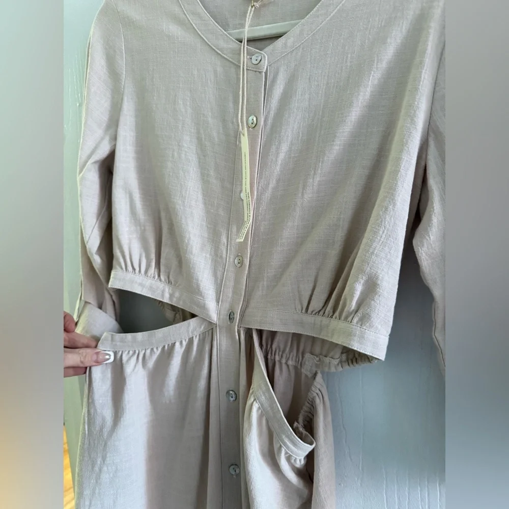 Lovestitch 100% Cotton Cutout Midi Dress Beige Tan Button Front Long Sleeves - Picture 6 of 8